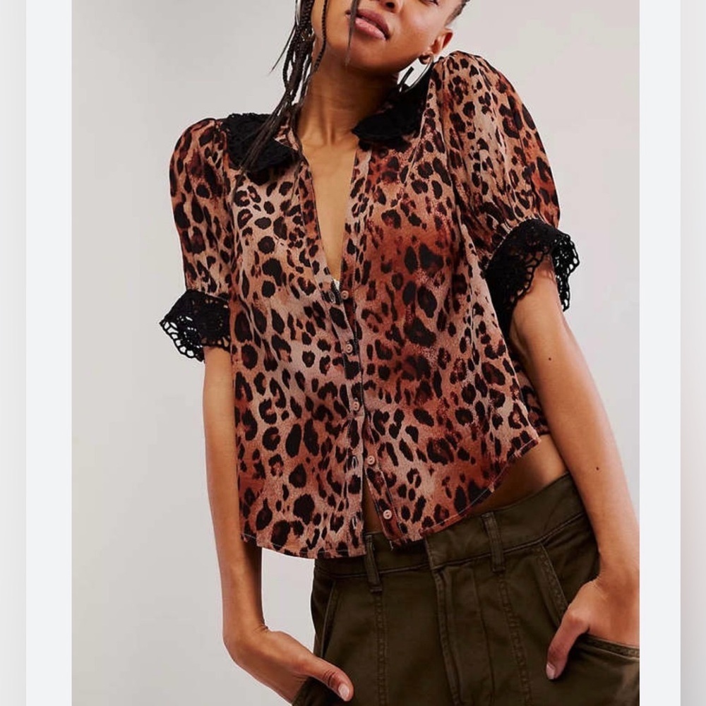 Free People My Love Printed Blouse Leopard combo sz small - Picture 1 of 9